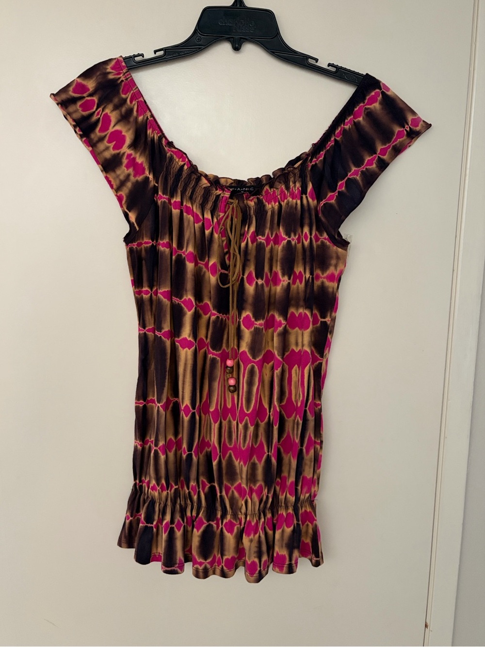 FANG Pink and Brown Tie-Front V-neck, Ruffle Sleeveless Knit Tunic! Deadstock! M